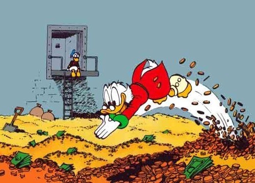 Scrooge McDuck diving into his money pit